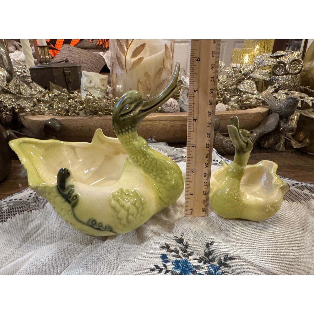 Vintage Hull Pottery Swan Planter Set 80 Chartreuse Green Mid Century Ceramic - Picture 4 of 7